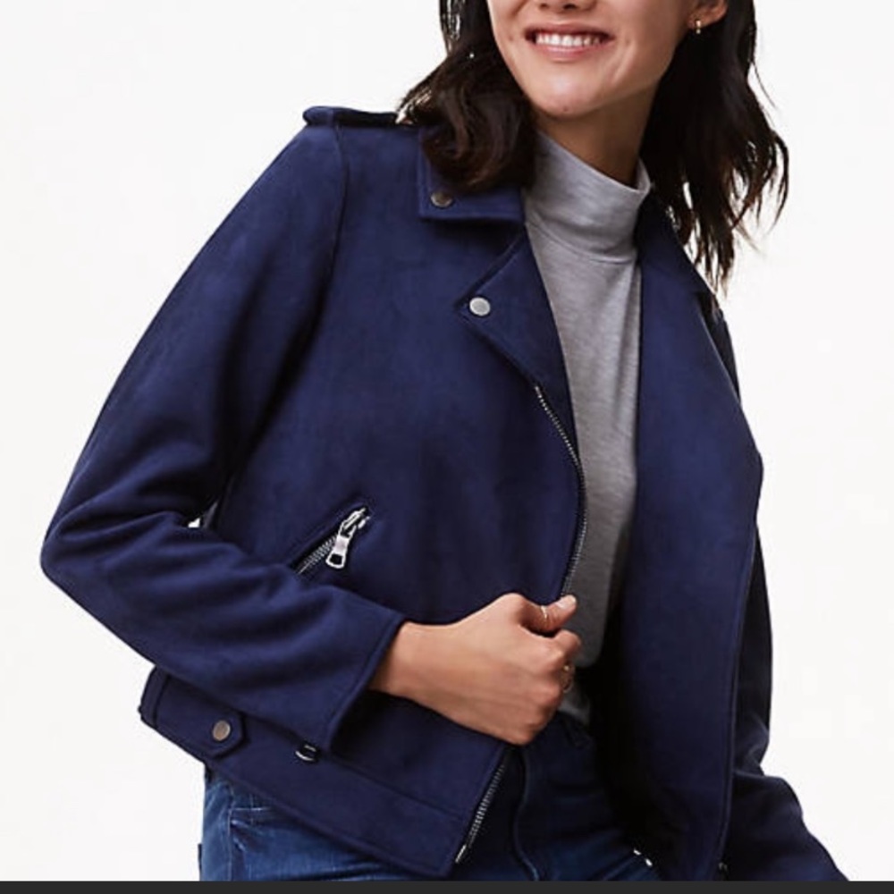 Blue suede moto jacket with zipper details